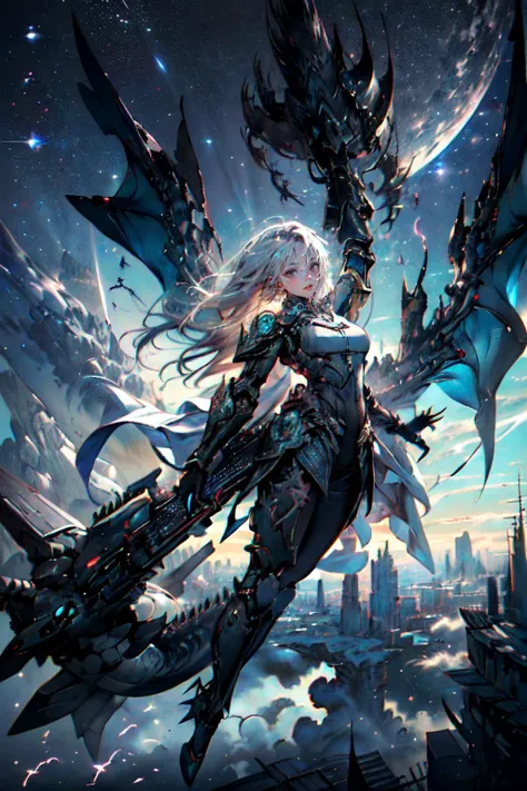 (masterpiece, top quality, best quality, official art, beautiful and aesthetic:), futuristic city, armor, (A girl is flying in the sky:1.4), wind, storm, intricate, elegant, highly detailed, smooth, sharp focus, Dragon ear, backlighting, 8k, big mecha monster in background, night, (dark environment), <lora:dragon ear_20230623155318:0.8>, <lora:DarkIncursioStyle:0.7>
