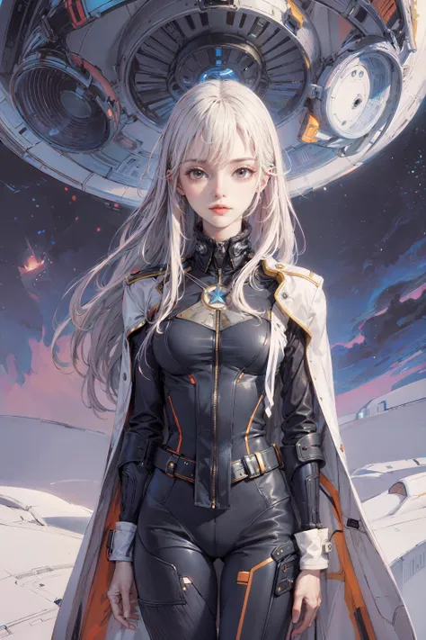 1 woman, solo, long hair, futuristic , coat ( by Alan Lee ) inside spaceship , captain bridge, crews high contrast negative space (masterpiece, best quality:1.3),