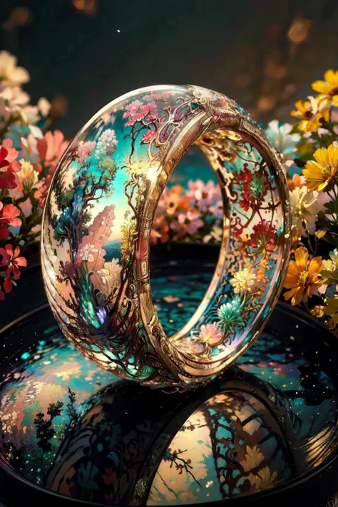 (Glass ring:1.3), masterpiece, best quality, landscape, (style of Carne Griffiths:1.3), (masterpiece, best quality:1.5), Tahitian pareu, Shopping mall, Clear skies, <lora:RingArt_Sora:0.8>