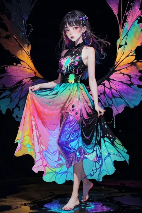 abstract dark fluid art, (black, gold and marble:0.6), (splash:1.2), swirls, flow, dynamic, expressive, intricate, muted colors, (contrast:1.2), masterpiece, best quality, absurdres, illustration, watercolor, 1girl, young girl with butterfly wings, in water, solo, long hair, dress, skirt hold, sleeveless, barefoot, bare shoulders, standing, outdoors, cloud, sky, water, water splashes, rainbow, (tight dress:0.5), (blue, red, pink, flower clusters, ), ((iridescence holographic Clothing:1.3)), acid_fluid, <lora:acid_fluid_lora:0.7>, <lora:holov7:0.6>, <lora:LowRA:0.6>