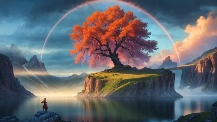 masterpiece, hdr, high resolution, high detail, extreme detailed, scenery, tree, mountain, water, (ethereal atmosphere:1.3), (majestic landscape:1.2), (wind blow:1.2), ancient, fantasy, colorful, ray tracing