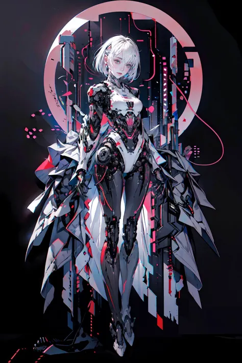 best quality, masterpiece, illustration, masterpiece, realistic, photorealistic, 1girl, solo, full body, skinny, medium breasts, long legs, short hair, (Blank background:1.3), grey background, Mechanical body, cyborg, <lora:dragon ear_20230623155318:0.6>, <lora:Futuristicbotv.2:0.7> <lora:Neno:0.7> neon_lights