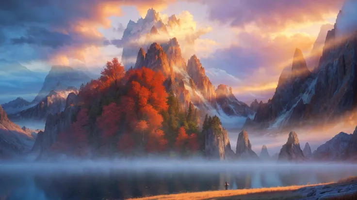 masterpiece, hdr, high resolution, high detail, extreme detailed, scenery, tree, mountain, water, (ethereal atmosphere:1.3), (majestic landscape:1.2), (wind blow:1.2), ancient, fantasy, colorful, ray tracing