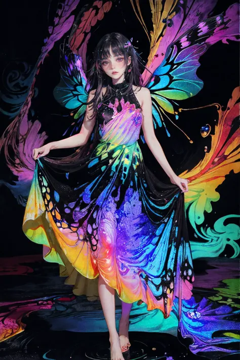 abstract dark fluid art, (black, gold and marble:0.6), (splash:1.2), swirls, flow, dynamic, expressive, intricate, muted colors, (contrast:1.2), masterpiece, best quality, absurdres, illustration, watercolor, 1girl, young girl with butterfly wings, in water, solo, long hair, dress, skirt hold, sleeveless, barefoot, bare shoulders, standing, outdoors, cloud, sky, water, water splashes, rainbow, (tight dress:0.5), (blue, red, pink, flower clusters, ), ((iridescence holographic Clothing:1.3)), acid_fluid, <lora:acid_fluid_lora:0.7>, <lora:holov7:0.6>, <lora:LowRA:0.6>