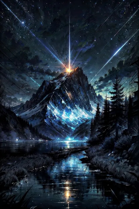 Highly detailed, High Quality, Masterpiece, beautiful, night, (dark environment), mountains, water, trees, <lora:DarkIncursioStyle:1>
