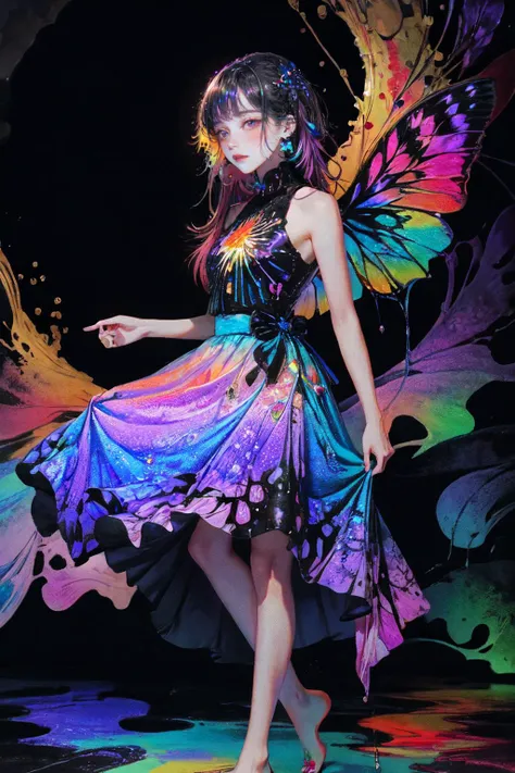 abstract dark fluid art, (black, gold and marble:0.6), (splash:1.2), swirls, flow, dynamic, expressive, intricate, muted colors, (contrast:1.2), masterpiece, best quality, absurdres, illustration, watercolor, 1girl, young girl with butterfly wings, in water, solo, long hair, dress, skirt hold, sleeveless, barefoot, bare shoulders, standing, outdoors, cloud, sky, water, water splashes, rainbow, (tight dress:0.5), (blue, red, pink, flower clusters, ), ((iridescence holographic Clothing:1.3)), acid_fluid, <lora:acid_fluid_lora:0.7>, <lora:holov7:0.6>, <lora:LowRA:0.6>