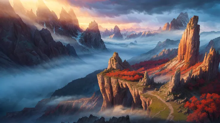 masterpiece, hdr, high resolution, high detail, extreme detailed, scenery, tree, mountain, (ethereal atmosphere:1.3), (majestic landscape:1.2), (wind blow:1.2), ancient, fantasy, colorful, ray tracing