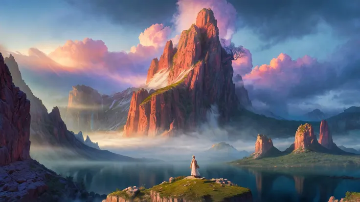 masterpiece, hdr, high resolution, high detail, extreme detailed, scenery, tree, mountain, water, (ethereal atmosphere:1.3), (majestic landscape:1.2), (wind blow:1.2), ancient, fantasy, colorful, ray tracing