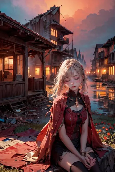 (best quality, high resolution:1.3), 1girl, dynamic lighting, blessedtech, arms spread, (closed eyes:1.2), blend, medium shot, bokeh, (hdr:1.4), high contrast, (cinematic, red:0.85), (muted colors, dim colors, soothing tones:1.3), low saturation, In a realm shrouded in eternal twilight, a hauntingly surreal scene unfolds, Goddesses from unknown dimensions, futuristic technology fused with fantasy, and cities with scenery from the world of anime, (masterpiece), (highquality), bestquality, real, (realistic), superdetailed, (fulldetail), (4k), 8k, scenery, sky, outdoors, day, building, water, bluesky, water craft, boat, reflection, flower, The scene is filled with broken buildings, crumbling ruins, overgrown vegetation, and a sense of desolation. The children, dressed in tattered clothes, sit attentively around the teacher, their eyes filled with curiosity and hope. The teacher's makeshift classroom is decorated with colorful drawings, scattered books, and remnants of a world that once was. The air is heavy with a mixture of dust and nostalgia, as the teacher imparts knowledge and wisdom to these young minds, shaping their future in the midst of chaos.