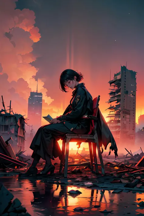 (best quality, high resolution:1.3), 1girl, dynamic lighting, blessedtech, arms spread, (closed eyes:1.2), blend, medium shot, bokeh, (hdr:1.4), high contrast, (cinematic, red:0.85), (muted colors, dim colors, soothing tones:1.3), low saturation, In a realm shrouded in eternal twilight, a hauntingly surreal scene unfolds, Goddesses from unknown dimensions, futuristic technology fused with fantasy, and cities with scenery from the world of anime, (masterpiece), (highquality), bestquality, real, (realistic), superdetailed, (fulldetail), (4k), 8k, scenery, sky, outdoors, day, building, water, bluesky, water craft, boat, reflection, flower, The scene is filled with broken buildings, crumbling ruins, overgrown vegetation, and a sense of desolation. The children, dressed in tattered clothes, sit attentively around the teacher, their eyes filled with curiosity and hope. The teacher's makeshift classroom is decorated with colorful drawings, scattered books, and remnants of a world that once was. The air is heavy with a mixture of dust and nostalgia, as the teacher imparts knowledge and wisdom to these young minds, shaping their future in the midst of chaos.