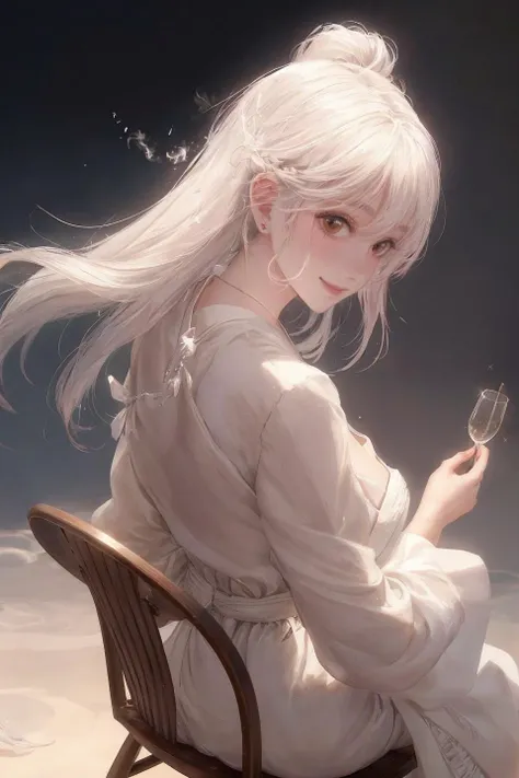 1girl, mature, photo realistic, ambient light, blush, white kimono, long white hair, necklace, busty cleavage, revealed sholder, homochromous background, smoke surround body, smoky air, dappled light and shadow, Tyndall effect, white sand, sand ground, shallow water on the ground, sparkling light dots, wind effect, light reflection, light and shadow contrast, turn around, look back, upper body, glass chair, wet skin, oiled skin