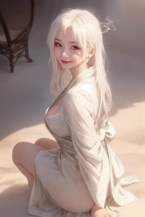 1girl, mature, photo realistic, ambient light, blush, white kimono, long white hair, necklace, busty cleavage, revealed sholder, homochromous background, smoke surround body, smoky air, dappled light and shadow, Tyndall effect, white sand, sand ground, shallow water on the ground, sparkling light dots, wind effect, light reflection, light and shadow contrast, turn around, look back, upper body, glass chair, wet skin, oiled skin