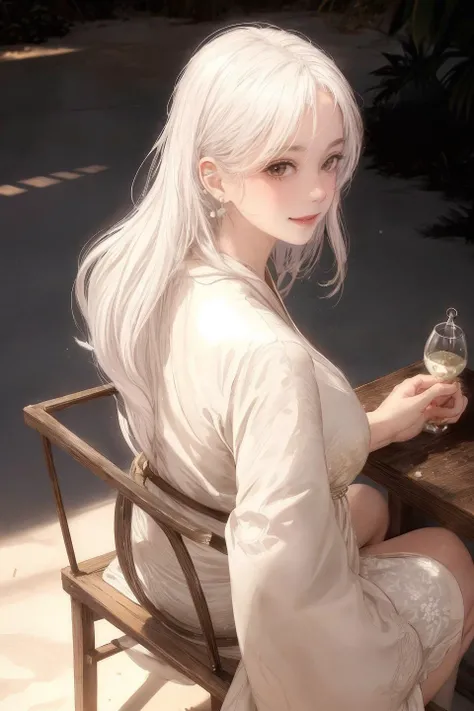 1girl, mature, photo realistic, ambient light, blush, white kimono, long white hair, necklace, busty cleavage, revealed sholder, homochromous background, smoke surround body, smoky air, dappled light and shadow, Tyndall effect, white sand, sand ground, shallow water on the ground, sparkling light dots, wind effect, light reflection, light and shadow contrast, turn around, look back, upper body, glass chair, wet skin, oiled skin