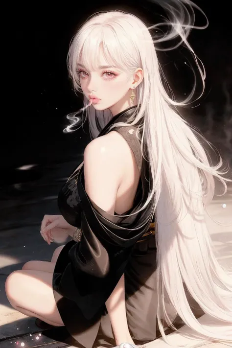 1girl, 18yo, mature, photo realistic, ambient light, blush, black kimono, long white hair, necklace, busty cleavage, revealed sholder, homochromous background, smoke surround body, blow smoke, smoky air, dappled light and shadow, Tyndall effect, white ground, shallow water on the ground, sparkling light dots, wind effect, light reflection, light and shadow contrast, turn around, look back, upper body