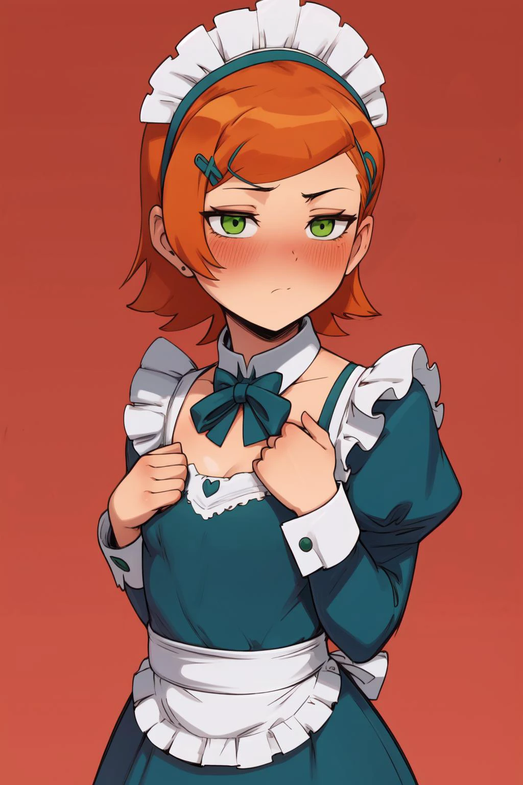 masterpiece, best quality, intricate, absurdres, 1girl, gwen,orange hair,green eyes,short hair,hairclip, maid dress, blush, simple background, <lora:gwen:0.8> <lora:Slush Style Lora:0.8>