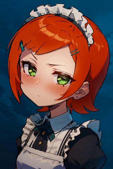 masterpiece, best quality, intricate, absurdres, 1girl, gwen,orange hair,green eyes,short hair,hairclip, maid dress, blush, simple background, <lora:gwen:0.8>