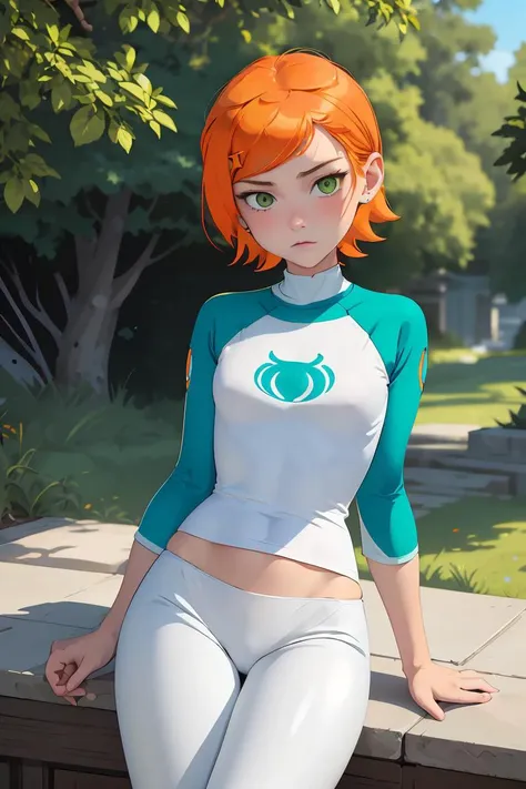 (masterpiece, best quality), 1girl, <lora:claasicgwen:1> claasicgwen,solo,orange hair,short hair,green eyes ,blue shirt,raglan sleeves,long sleeves,white pants