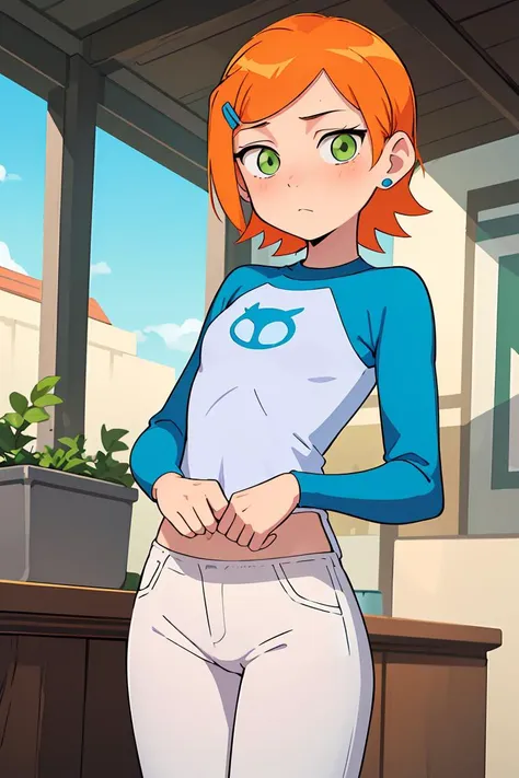 (masterpiece, best quality), 1girl, <lora:claasicgwen:1> claasicgwen,solo,orange hair,short hair,green eyes ,blue shirt,raglan sleeves,long sleeves,white pants