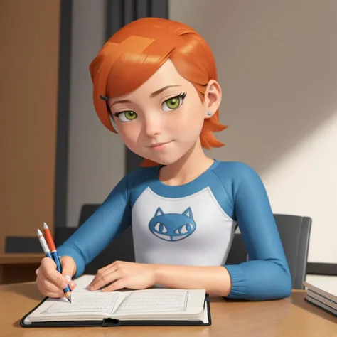 <lora:claasicgwen:0.75> claasicgwen sitting at a table writing, notebook, pencil