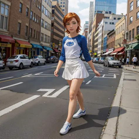 <lora:claasicgwen:0.9> claasicgwen walking on a sidewalk in a city