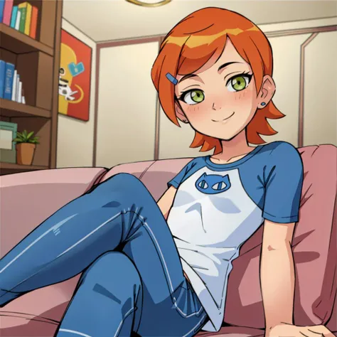 <lora:claasicgwen:0.9> claasicgwen sitting on a sofa in a comfortable living room smiling