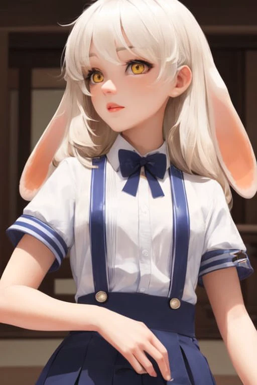 best quality, ultra detailed, beautiful detailed face, perfect anatomy, whole body shot, long white hair, yellow eyes, floppy rabbit ears, short shirt, short sleeves, blue short pleated skirt, suspenders skirt, <lora:radiyu_Streamer:1>, full-length shot