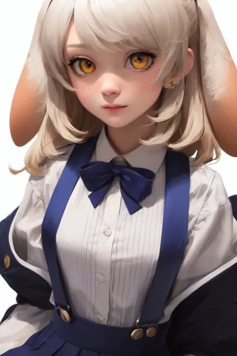 best quality, ultra detailed, beautiful detailed face, perfect anatomy, 1girl, solo focus, whole body shot, long white hair, yellow eyes, two floppy rabbit ears, puffing up sleeves, blue short pleated skirt, suspenders skirt, <lora:radiyu_Streamer:1>,