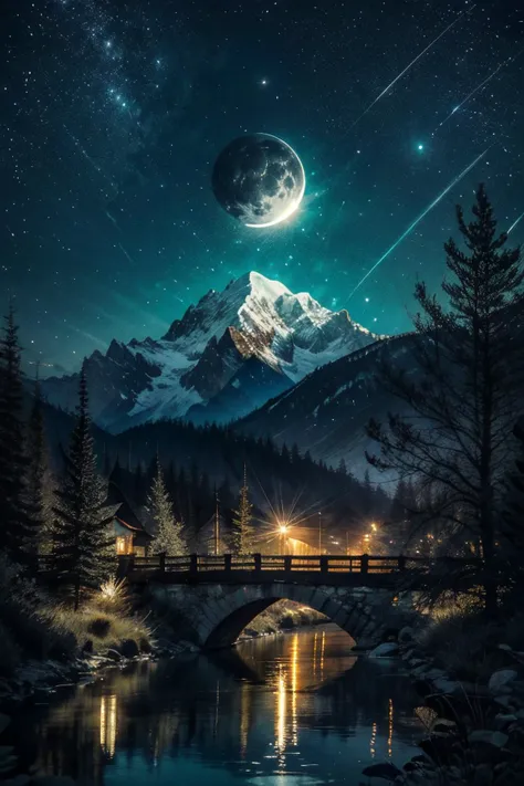 Highly detailed, High Quality, Masterpiece, beautiful, night, (dark environment), mountains, water, trees, <lora:DarkIncursioStyle:1>