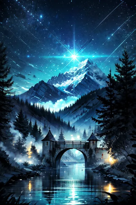 Highly detailed, High Quality, Masterpiece, beautiful, night, (dark environment), mountains, water, trees, <lora:DarkIncursioStyle:1>
