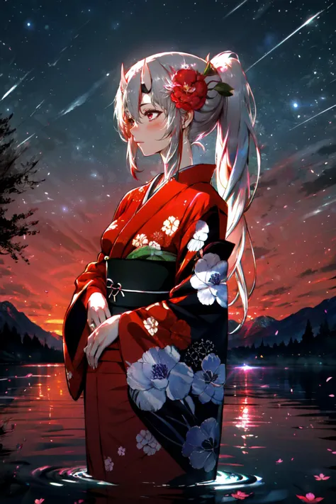 Highly detailed, High Quality, Masterpiece, beautiful, <lora:DarkIncursioStyle:1>, Nakiri Ayame, long hair, side ponytail, AyameNewYears, red kimono, floral print, hair flower, sash, wide sleeves, <lora:Char_VTuber_NakiriAyame:0.85>, mountains, water, trees, night, (dark environment)