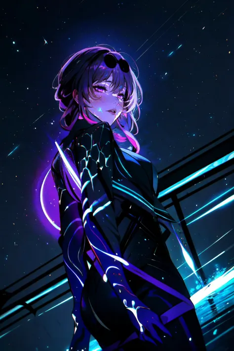 Highly detailed, High Quality, Masterpiece, beautiful, <lora:DarkIncursioStyle:1>, night, (dark environment), (EnergyVeins:1.4), glowing, <lora:Pos_EnergyVeins:1>, Kafka, purple eyes, jacket, <lora:Char_HonkaiStarRail_Kafka:1>,1girl, Merge colors together in a dynamic fusion, with overlapping layers, blending techniques, and spontaneous gestures that create a visually rich and harmoniously chaotic composition