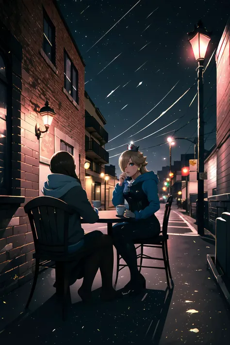 Highly detailed, High Quality, Masterpiece, beautiful, hoodie, wearing edgCorset, <lora:Outfit_HoodiesCorset:1>, Rosalina, Rosalina_Casual, one eye covered, hair over one eye, <lora:Char_MarioSeries_Rosalina:0.8>, outdoors, cafe, sitting, table, chair, street, lamppost, night, (dark environment), <lora:Style_DarkIncursioStyle:1>