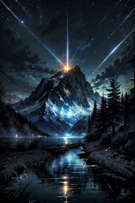 Highly detailed, High Quality, Masterpiece, beautiful, night, (dark environment), mountains, water, trees, <lora:DarkIncursioStyle:1>