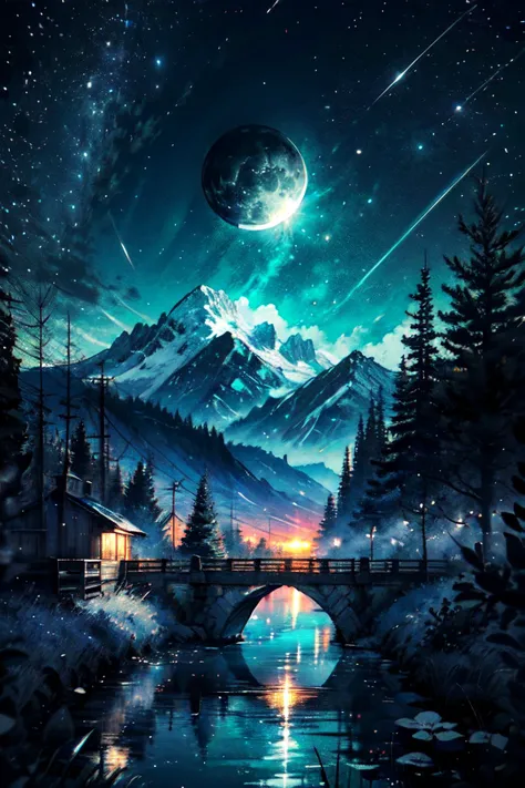 Highly detailed, High Quality, Masterpiece, beautiful, night, (dark environment), mountains, water, trees, <lora:DarkIncursioStyle:1>