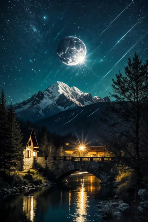 Highly detailed, High Quality, Masterpiece, beautiful, night, (dark environment), mountains, water, trees, <lora:DarkIncursioStyle:1>