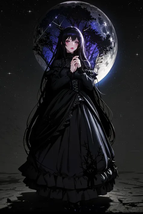 ((Masterpiece, best quality)), edgQuality,night, (dark environment)
GothGal, a woman with long hair and a dress posing for a picture next to a tree, woman wearing a GothGal outfit, dark, night,moon,stars
<lora:edgGothGal_MINI:1> <lora:DarkIncursioStyle:1>