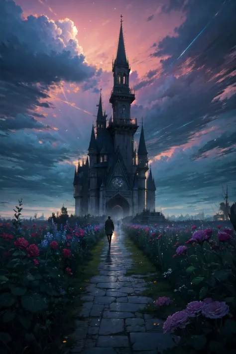 <lora:DarkIncursioStyle:1>, night, (dark environment), 
(highly detailed:1.3), 
Garden castle, Many flowers, A few roses, clouds, dramatic clouds above, pink, dreamy ultra wide shot, atmospheric, hyper realistic, 8k, epic composition, cinematic, octane render, artstation landscape vista photography by Carr Clifton & Galen Rowell, 16K resolution, Landscape veduta photo by Dustin Lefevre & tdraw, 8k resolution, detailed landscape painting by Ivan Shishkin, DeviantArt, Flickr, rendered in Enscape, Miyazaki, Nausicaa Ghibli, Breath of The Wild, 4k detailed post processing, artstation, rendering by octane, unreal engine, 
Ultra-detail, (highres:1.1), best quality, (masterpiece:1.3), cinematic lighting, <lora:add_detail:0.5>,
