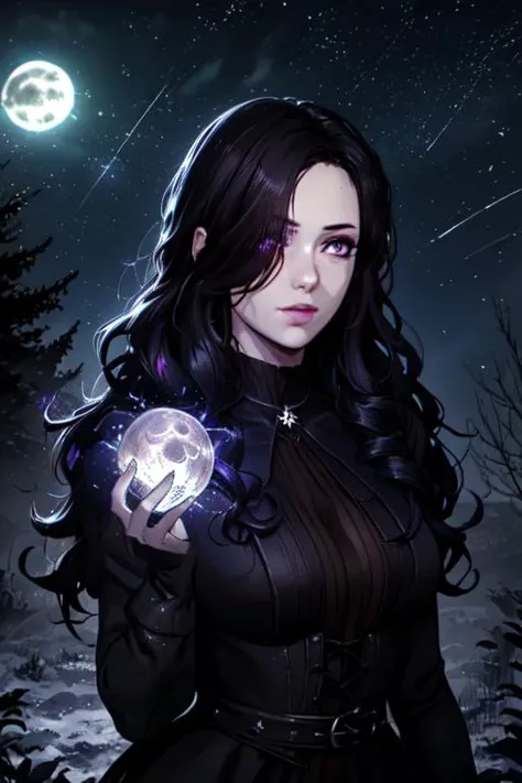 ((Masterpiece, best quality,night, (dark environment))), edgQuality,
 a woman with long hair and a dress posing for a picture next to a tree, woman wearing a GothGal outfit, dark, night,moon,stars
 <lora:DarkIncursioStyle:0.8>,
<lora:yennefer-17:0.5>, yenW3_soul3142, 1girl, solo, long hair, black hair, hair over one eye,beautiful face, purple eye, detailed face,long wavy curly hair,