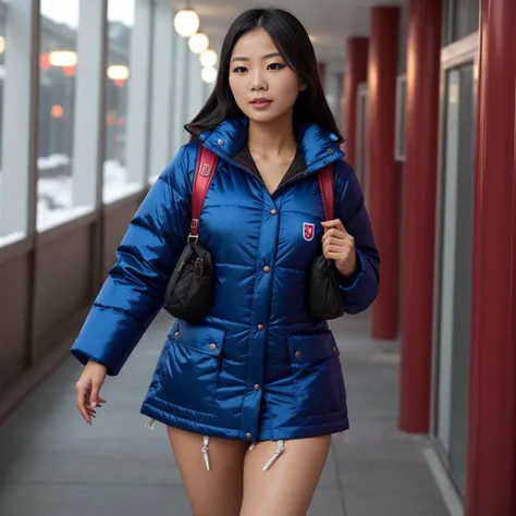 one asian professional women wearing a ((satin candy stripper maid uniform)) and on top a puffy blue and black  Fjallraven Expedition jacket, hyperdetailed photography,4k textures,intricate details,4k resolution   ,  <lora:Fjallraven_Expedition:0.6>, school corridor