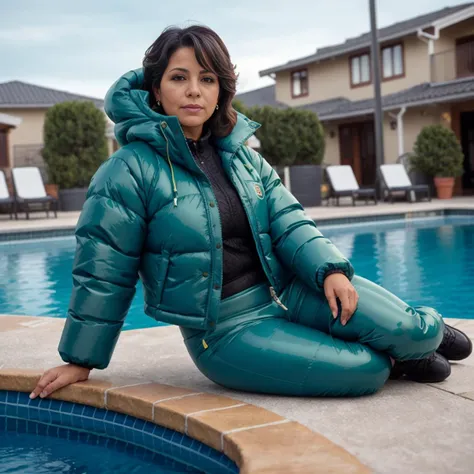 one latino middle aged women wearing a latex catsuit and on top a puffy green and blue  Fjallraven Expedition jacket, hyperdetailed photography,4k textures,intricate details,4k resolution   ,  <lora:Fjallraven_Expedition:0.8>, poolside