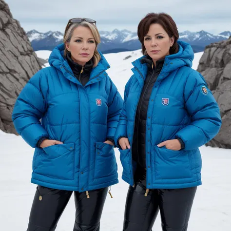 two american middle aged women wearing a latex catsuit and on top a puffy blue and black  Fjallraven Expedition jacket, hyperdetailed photography,4k textures,intricate details,4k resolution   ,  <lora:Fjallraven_Expedition:0.8>, garden