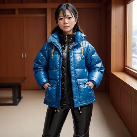 one japanese professional women wearing a latex catsuit and on top a puffy sparkly  Fjallraven Expedition jacket, hyperdetailed photography,4k textures,intricate details,4k resolution   ,  <lora:Fjallraven_Expedition:0.8>, indoors