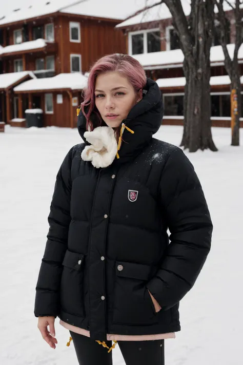 (highres, high quality:1.3), intricate details, sharp focus, depth of field,
mature female,
pink hair, very long hair, eyelashes, yellow eyes,  large breasts, wearing black lingerie, thick puffy down jacket
upper body,
snowy background, snowing, snowfall, ice, icicles, frost,
extreme cold, hypothermia, freezing, frostbite, shivering, slightly blue lips, goosebumps, cold,  <lora:Fjallraven_Expedition:1>