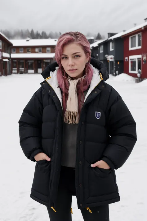 (highres, high quality:1.3), intricate details, sharp focus, depth of field,
mature female,
pink hair, very long hair, eyelashes, yellow eyes,  large breasts, wearing black lingerie, thick puffy down jacket
upper body,
snowy background, snowing, snowfall, ice, icicles, frost,
extreme cold, hypothermia, freezing, frostbite, shivering, slightly blue lips, goosebumps, cold,  <lora:Fjallraven_Expedition:1>