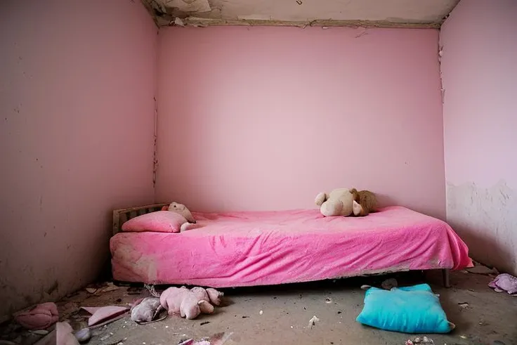 pinkroom, pink wall,decayed,abandoned, bed, stuffed toy, pillow, baltimore ghetto slums <lora:pinkroom_v1.0:0.6>
