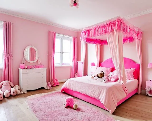 pinkroom, canopy bed,pink wall,stuffed toy, large mirror, pillows,cluttered clothes on the floor,messy <lora:pinkroom_v1.0:0.625>