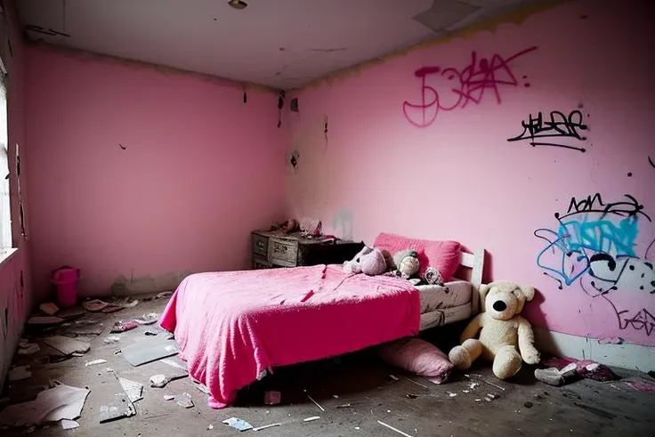pinkroom, pink wall,decayed,homeless man squatter bum,abandoned, bed, stuffed toy, pillow, baltimore ghetto slums,vandalism,(Graffiti:1.15),<lora:pinkroom_v1.0:0.65>