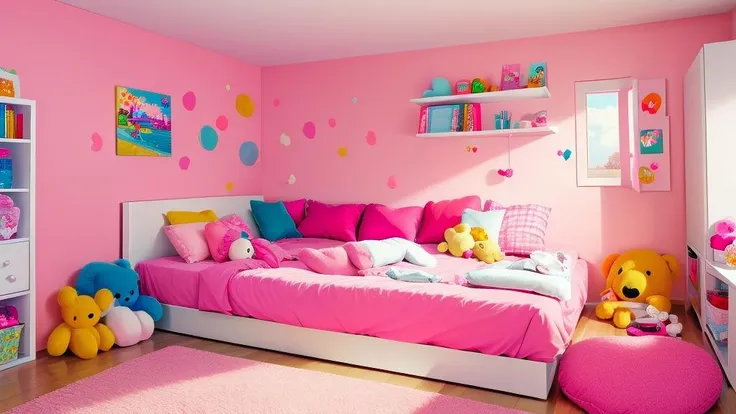 masterpiece,
pinkroom, pink wall, bed, stuffed toy, pillow, couch, <lora:pinkroom_v1.0:1>