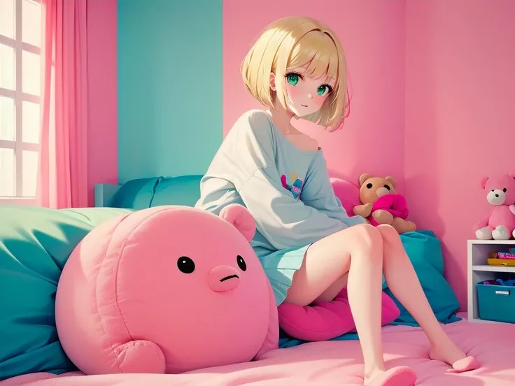 masterpiece,
1girl, blonde hair, bob cut, wavy hair, green eyes,
pinkroom, pink wall, bed, stuffed toy, pillow, couch, <lora:pinkroom_v1.0:1>