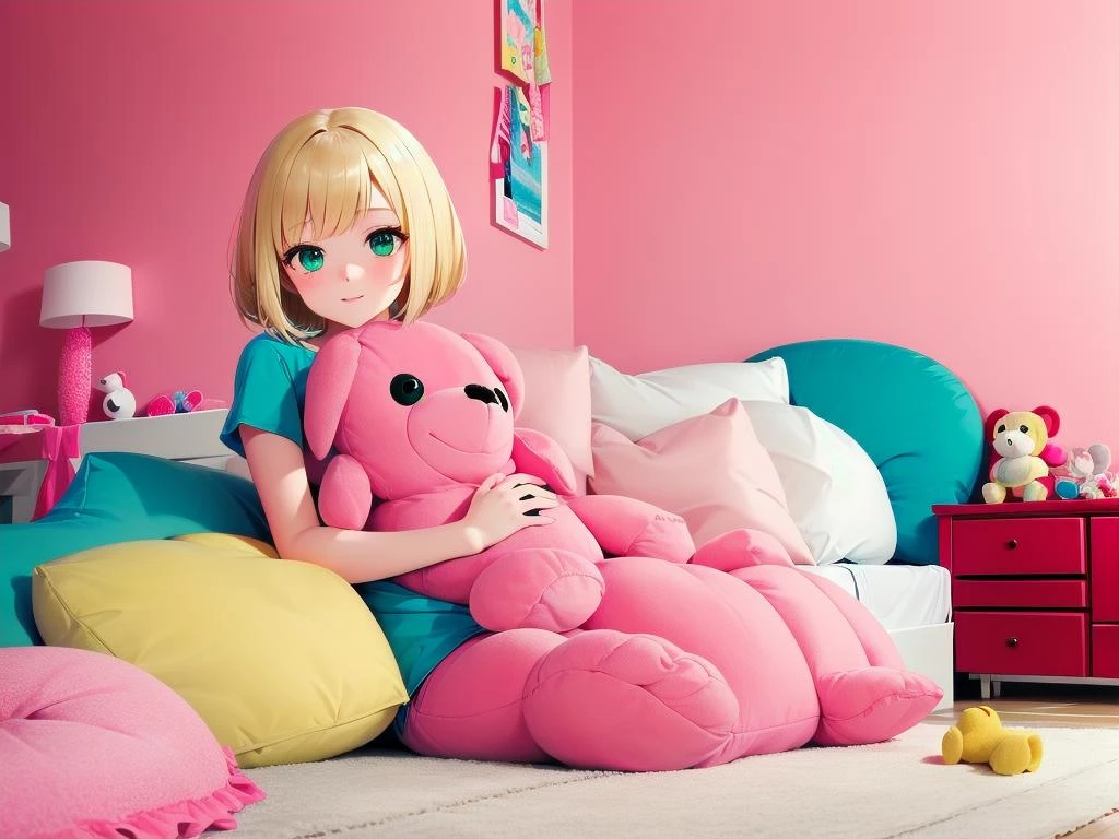 masterpiece,
1girl, blonde hair, bob cut, wavy hair, green eyes,
pinkroom, pink wall, bed, stuffed toy, pillow, couch, <lora:pinkroom_v1.0:1>